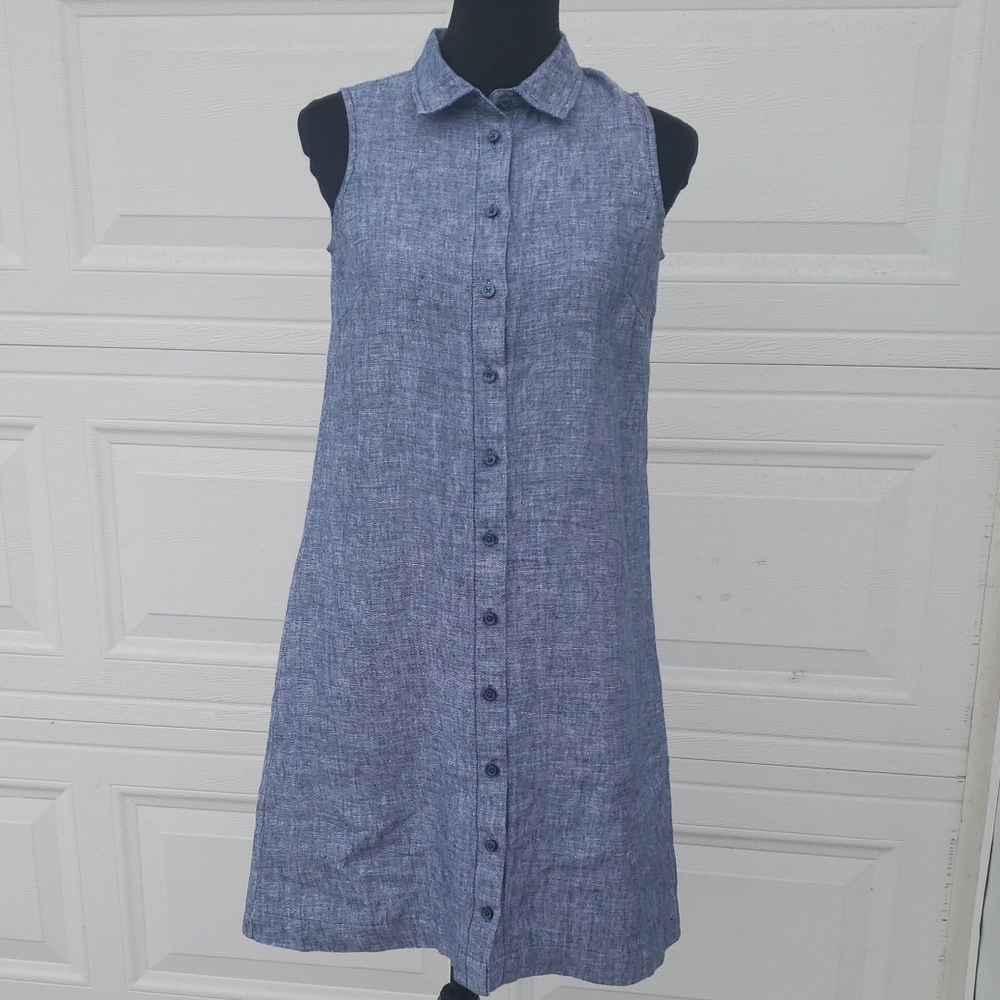 Garnet Hill 100% Linen Classic Full Button Front Shirtdress Size 2 Coastal Blue - Picture 2 of 16